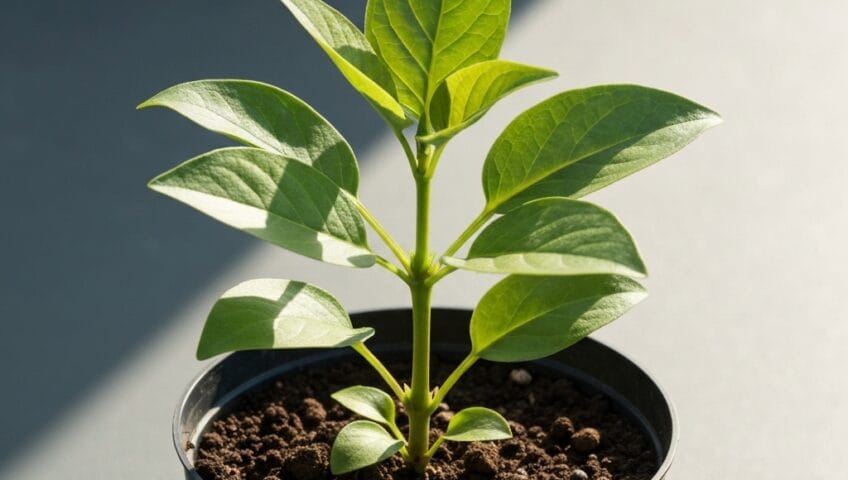 Jeune plante en pot avec feuilles jaunies, illustrant des erreurs à éviter en jardinage pour débutants.