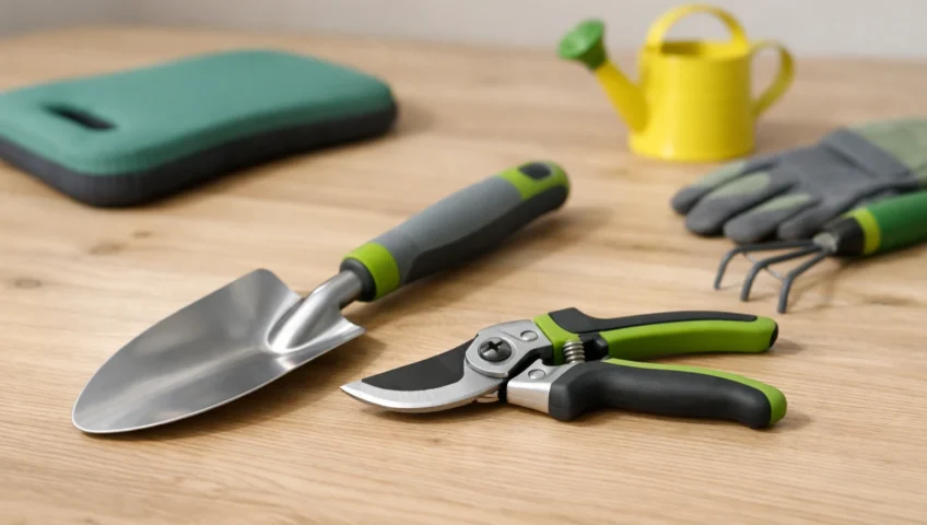 Outils de jardinage ergonomiques pour personnes âgées: sélection confortable de bêche légère et sécateur.