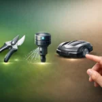 Main sélectionnant icônes d'outils modernes sur fond dégradé. Jardinage expert en matériel de jardin pour choisir comme un pr