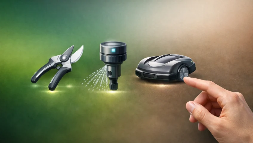 Main sélectionnant icônes d'outils modernes sur fond dégradé. Jardinage expert en matériel de jardin pour choisir comme un pr