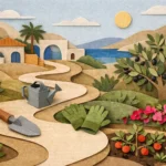 Matériel de jardinage tunisie. Illustration paper craft montrant des outils (pelle, arrosoir) et des plantes (olivier, bougai