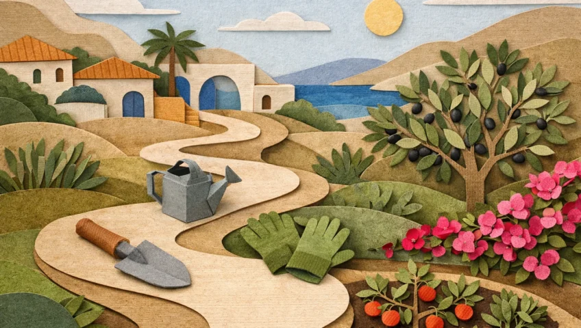 Matériel de jardinage tunisie. Illustration paper craft montrant des outils (pelle, arrosoir) et des plantes (olivier, bougai