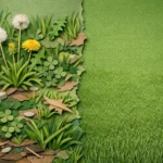 Refaire une pelouse pleine de mauvaises herbes: image d'une pelouse transformée, du désherbage à une herbe verte parfaite.