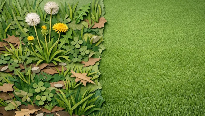 Refaire une pelouse pleine de mauvaises herbes: image d'une pelouse transformée, du désherbage à une herbe verte parfaite.