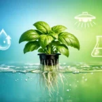 Image futuriste illustrant l'hydroponie: une plante aux racines nues flottant dans l'eau, avec des icônes tech. Culture sans
