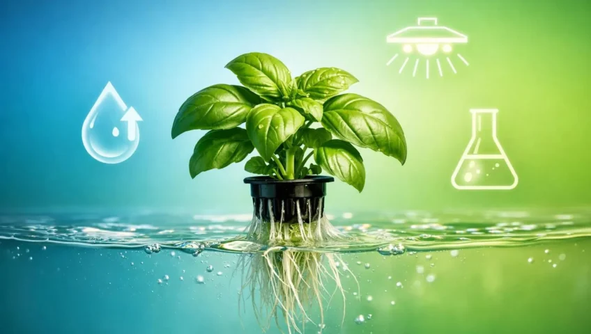 Image futuriste illustrant l'hydroponie: une plante aux racines nues flottant dans l'eau, avec des icônes tech. Culture sans