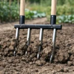 Grelinette robuste travaillant une terre argileuse dense, préparant le sol pour un jardin potager professionnel.