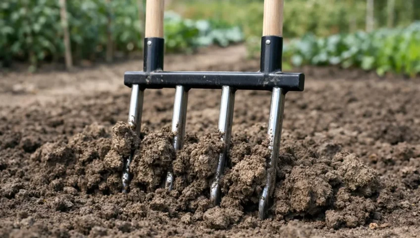 Grelinette robuste travaillant une terre argileuse dense, préparant le sol pour un jardin potager professionnel.