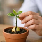 Faire pousser un avocat: jeune pousse d'avocat en pot, une main la touche délicatement. Guide facile.