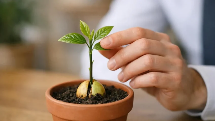 Faire pousser un avocat: jeune pousse d'avocat en pot, une main la touche délicatement. Guide facile.