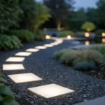 Pavés lumineux design pour un jardin moderne en 2026, créant une ambiance élégante et sécurisée.