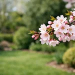 Cerisier d'ornement en fleurs, gros plan sur ses délicates fleurs roses et blanches avec un arrière-plan de jardin flouté.