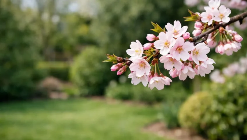 Cerisier d'ornement en fleurs, gros plan sur ses délicates fleurs roses et blanches avec un arrière-plan de jardin flouté.