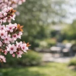 Magnifique prunus à fleurs roses en pleine floraison dans un jardin ensoleillé, symbole d'un jardin éclatant.