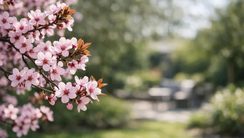 Magnifique prunus à fleurs roses en pleine floraison dans un jardin ensoleillé, symbole d'un jardin éclatant.