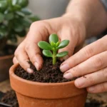 Main plantant une jeune bouture d'arbre de jade; guide complet pour entretenir et faire prospérer votre plante.