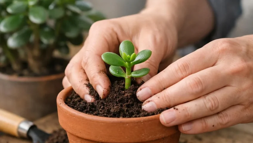 Main plantant une jeune bouture d'arbre de jade; guide complet pour entretenir et faire prospérer votre plante.