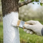 Jardinier appliquant de la chaux sur le tronc d'un arbre fruitier. Apprenez à chauler les arbres fruitiers pour leur protecti