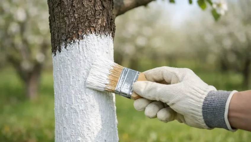 Jardinier appliquant de la chaux sur le tronc d'un arbre fruitier. Apprenez à chauler les arbres fruitiers pour leur protecti