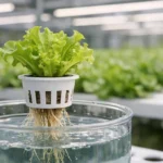 La culture hydroponique: jeune pousse de laitue en pot net, racines dans l'eau. Système évoluant vers plantes matures.