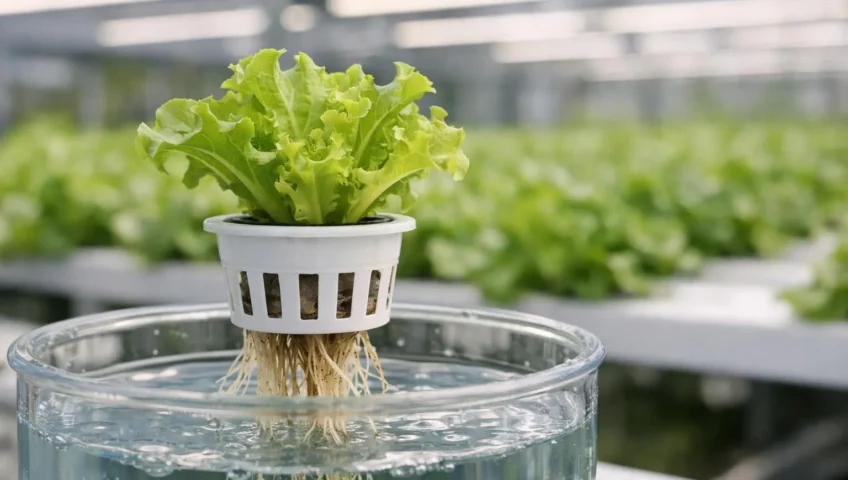 La culture hydroponique: jeune pousse de laitue en pot net, racines dans l'eau. Système évoluant vers plantes matures.