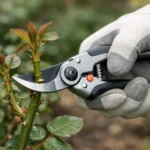 Gros plan sur la taille des rosiers au printemps par un jardinier expert, assurant une floraison exceptionnelle.