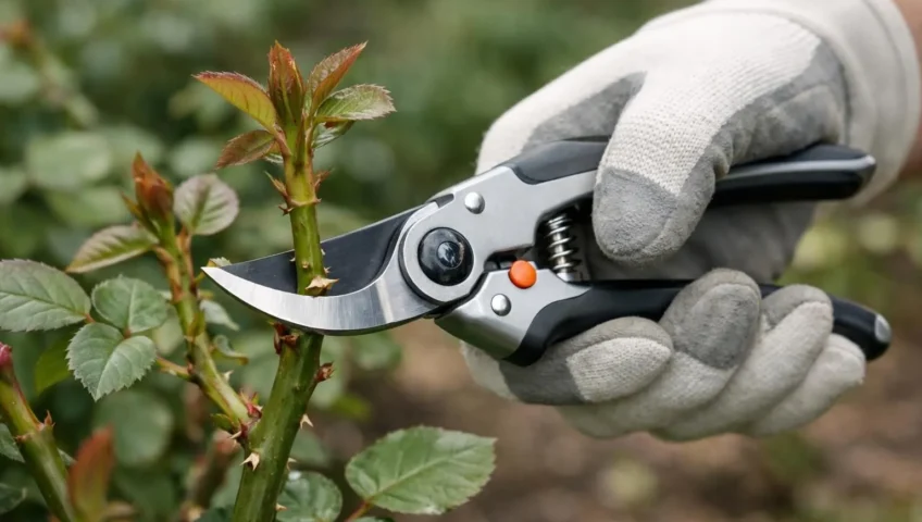 Gros plan sur la taille des rosiers au printemps par un jardinier expert, assurant une floraison exceptionnelle.