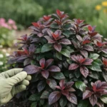 Vivace persistante au feuillage luxuriant, transformant le jardin toute l'année. Une main de jardinier prend soin de la plant