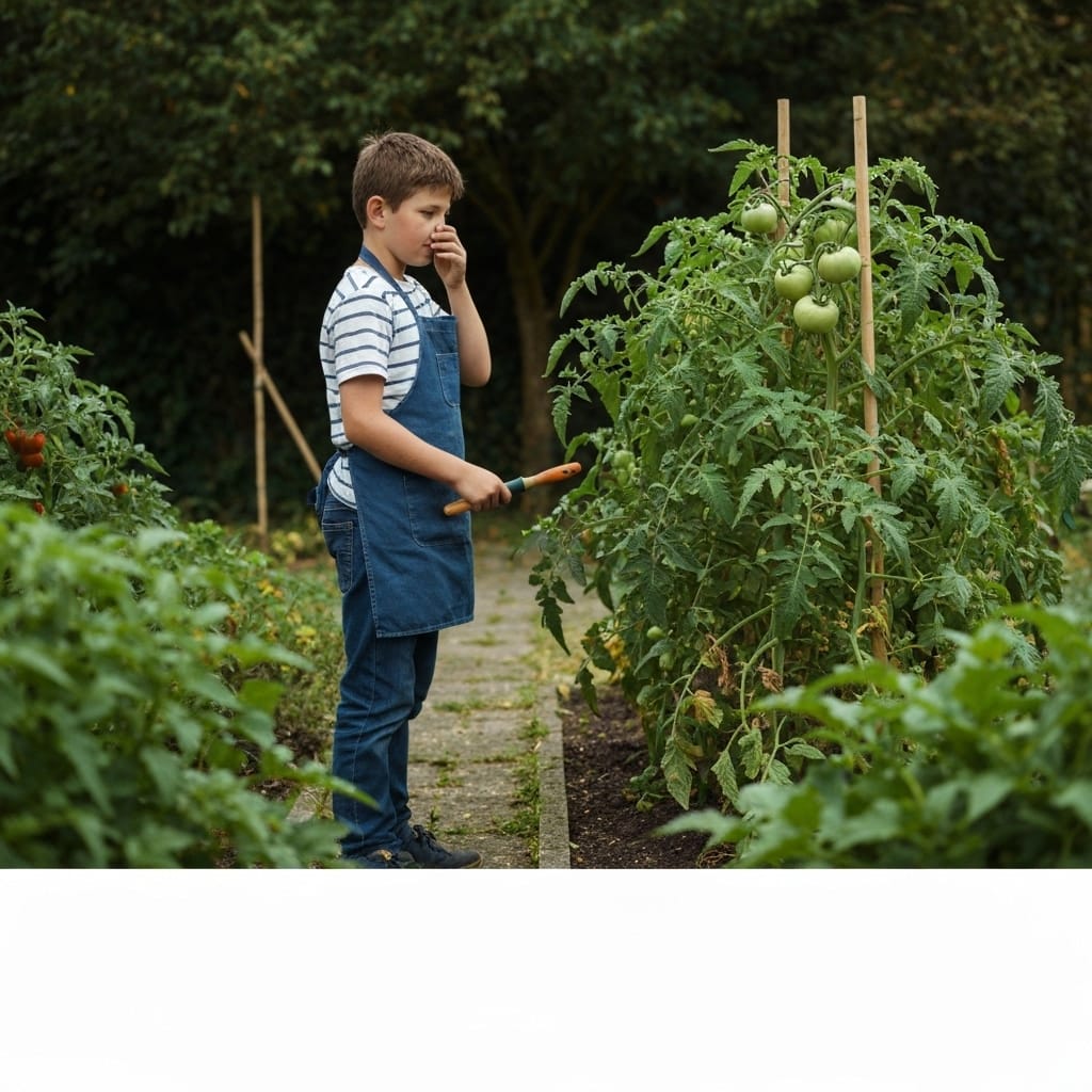 Beginner gardener looking disappointed at wilted tomato plants and yellowing vegetables in a small French potager, gardening gloves and tools scattered around, outdoor residential garden setting, natural daylight, realistic photography style, documentary mood, authentic home gardening scene