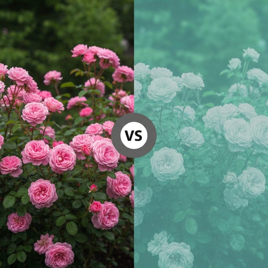 Split comparison of two climbing rose bushes side by side on garden walls in French residential setting - left side shows magnificent abundant colorful blooms covering entire trellis with healthy glossy foliage, right side shows sparse flowers with yellowing leaves and weak growth, realistic garden photography, natural morning light, detailed close-up showing contrast between thriving and struggling plants, professional horticultural documentation style