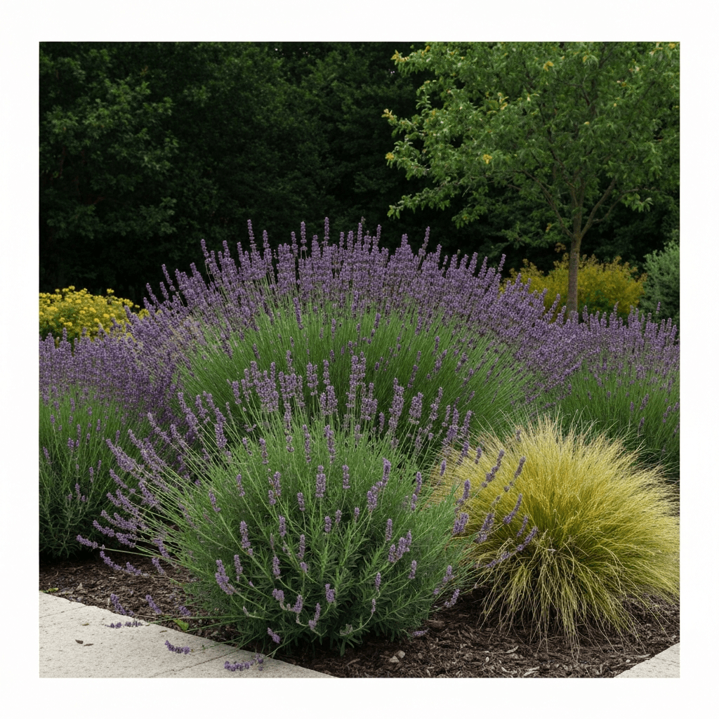 Jardin français moderne avec plantes vivaces méditerranéennes résistantes à la sécheresse, arrangement naturel de lavandes, graminées ornementales et arbustes persistants sous le soleil matinal, textures végétales variées, ambiance paisible et colorée, photographie réaliste grand angle, profondeur de champ naturelle, esthétique jardin contemporain éco-responsable, lumière douce, style lifestyle haut de gamme français