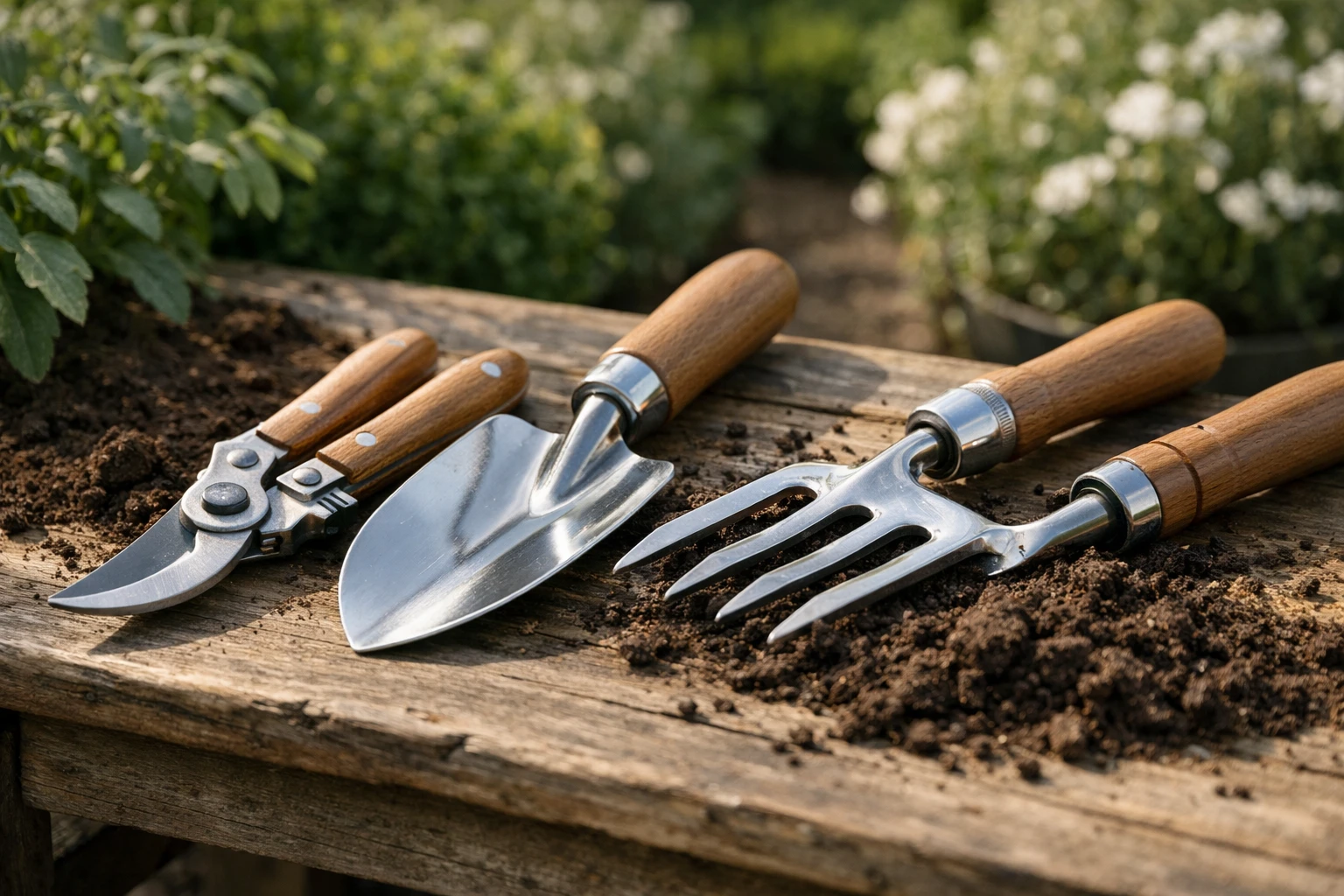 Close-up of premium gardening tools (secateurs, hand trowel, garden fork) arranged on weathered wooden table in a French garden, surrounded by fresh soil and green plants. Natural morning sunlight, ultra-detailed metal textures showing quality craftsmanship, realistic photography style, soft shadows, shallow depth of field, elegant gardening lifestyle aesthetic. Background shows blurred ornamental flowers and foliage. No text, no logo, professional product photography feel.