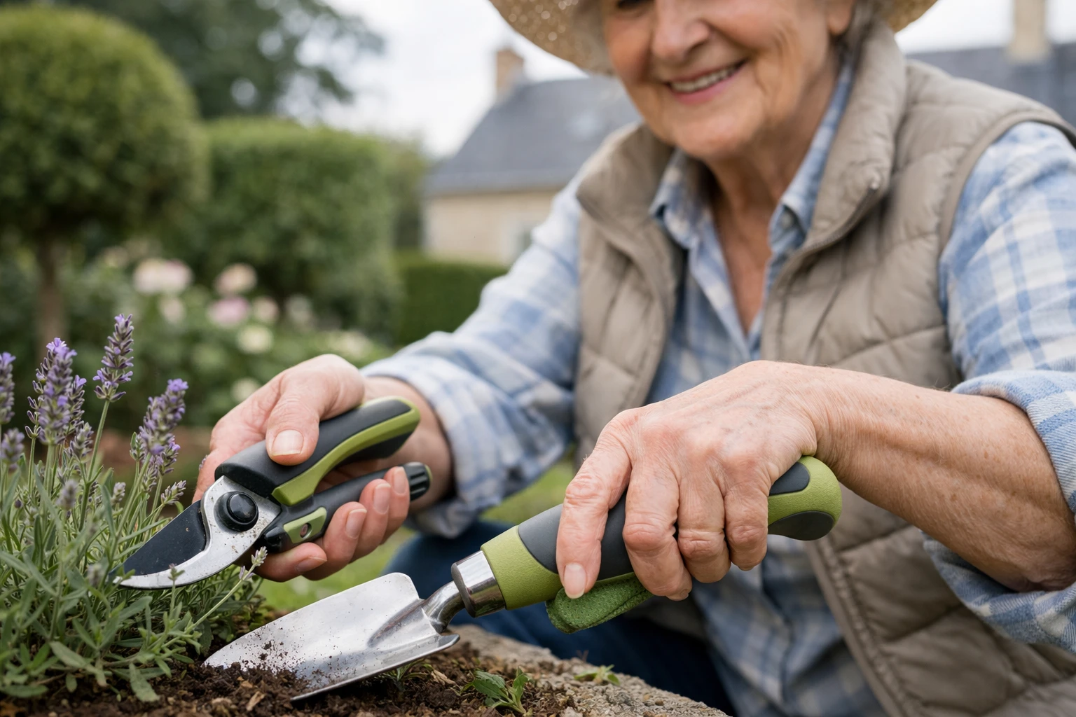 Senior souriant dans un jardin français bien entretenu, tenant des sécateurs ergonomiques avec poignées rembourrées. Gros plan sur ses mains utilisant des outils de jardinage légers et colorés spécialement conçus pour seniors. Environnement naturel lumineux avec plates-bandes fleuries en arrière-plan flou. Atmosphère sereine et encourageante montrant l