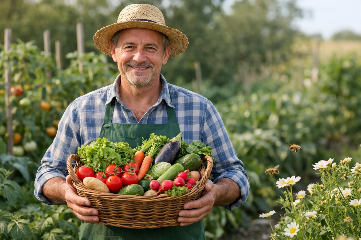 Gros plan sur un jardinier français tenant un panier rempli de légumes bio colorés (tomates, courgettes, salades) fraîchement récoltés dans un potager luxuriant, mains propres sur des plants verts, abeilles butinant des fleurs en arrière-plan, lumière naturelle dorée de fin d'après-midi, photographie réaliste haute résolution, ambiance chaleureuse et authentique, aucun texte visible