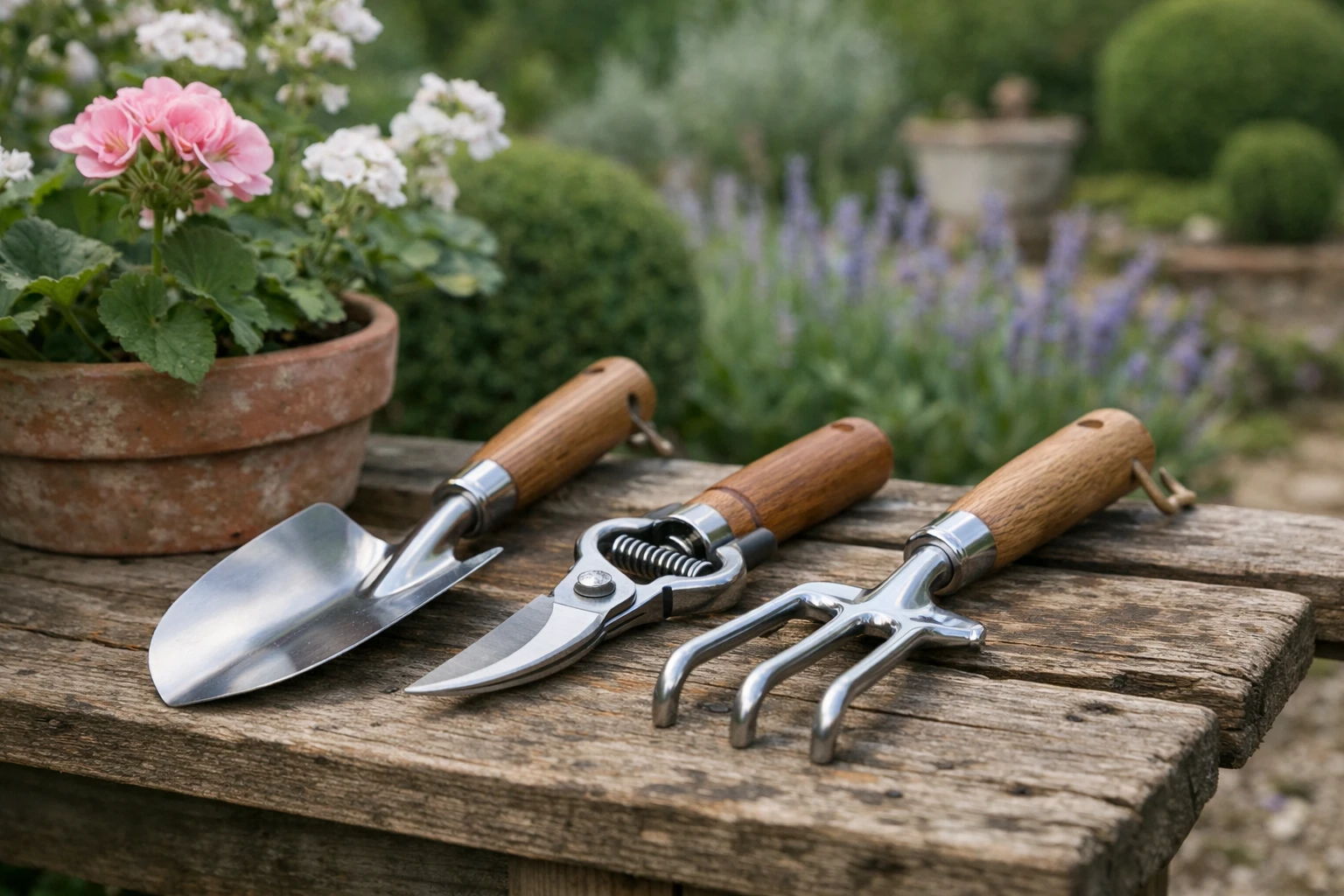 Close-up of premium stainless steel gardening tools (professional pruning shears, quality trowel, ergonomic hand rake) arranged on weathered wooden garden bench next to healthy flowering plants in a well-maintained French garden. Soft morning sunlight creating natural shadows, shallow depth of field focusing on tool craftsmanship. Ultra-detailed metal textures showing quality construction. Realistic photography style, natural earth tones, elegant composition conveying trust and expertise in gardening equipment. Background shows blurred ornamental plants and manicured lawn. No text, no logo, no watermark, no labels.
