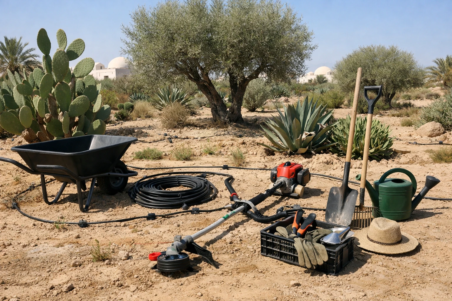 Mediterranean garden scene in Tunisia with drought-resistant plants, cacti, olive trees, and professional gardening tools designed for hot climates. Sunny bright day with intense natural light, arid soil visible, water-efficient irrigation system, realistic photography style, high detail, warm color palette, authentic North African gardening atmosphere. Person wearing sun protection using specialized heat-resistant tools. No text, no logo, no watermark.