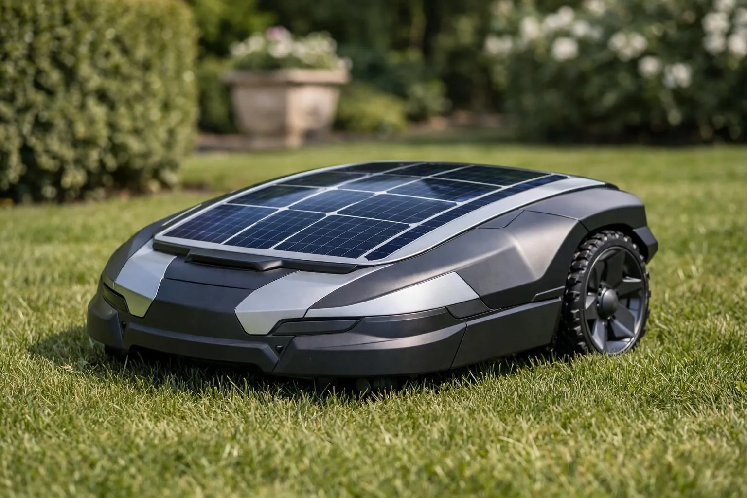 Modern robotic lawn mower with visible integrated solar panels on top, parked on vibrant green grass in a sunny French garden, close-up view showing solar panel details and sleek design, natural daylight, realistic photography style, shallow depth of field, premium gardening equipment aesthetic, no text or logos