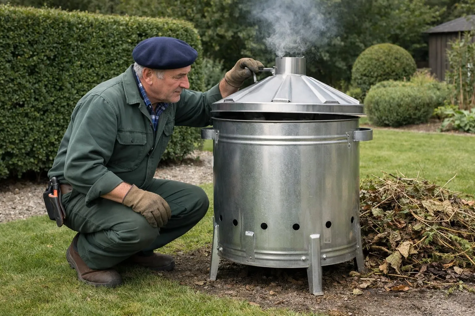 French gardener inspecting a modern 200-liter galvanized metal garden incinerator in a well-maintained outdoor space with trimmed hedges and piles of garden waste nearby, realistic photography, natural daylight, detailed metal texture, practical garden maintenance scene, professional and trustworthy atmosphere, no text, no watermark