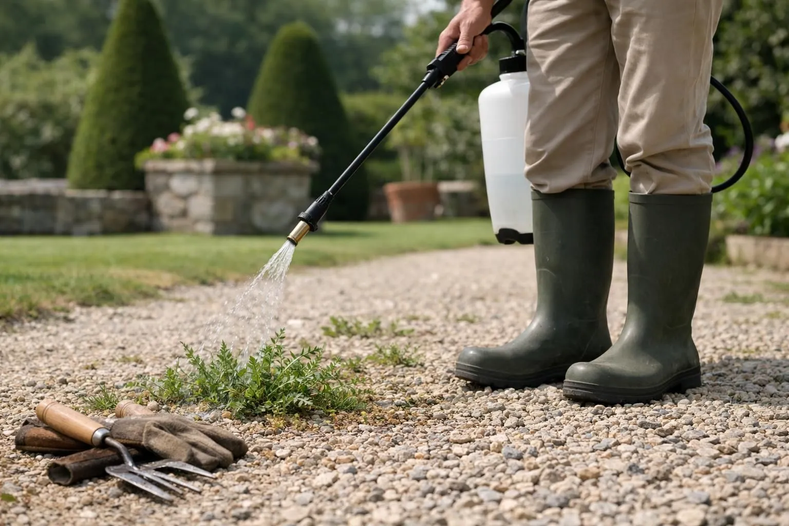 Personne en bottes de jardinage pulvérisant du liquide transparent avec un vaporisateur sur des mauvaises herbes dans une allée de gravier d