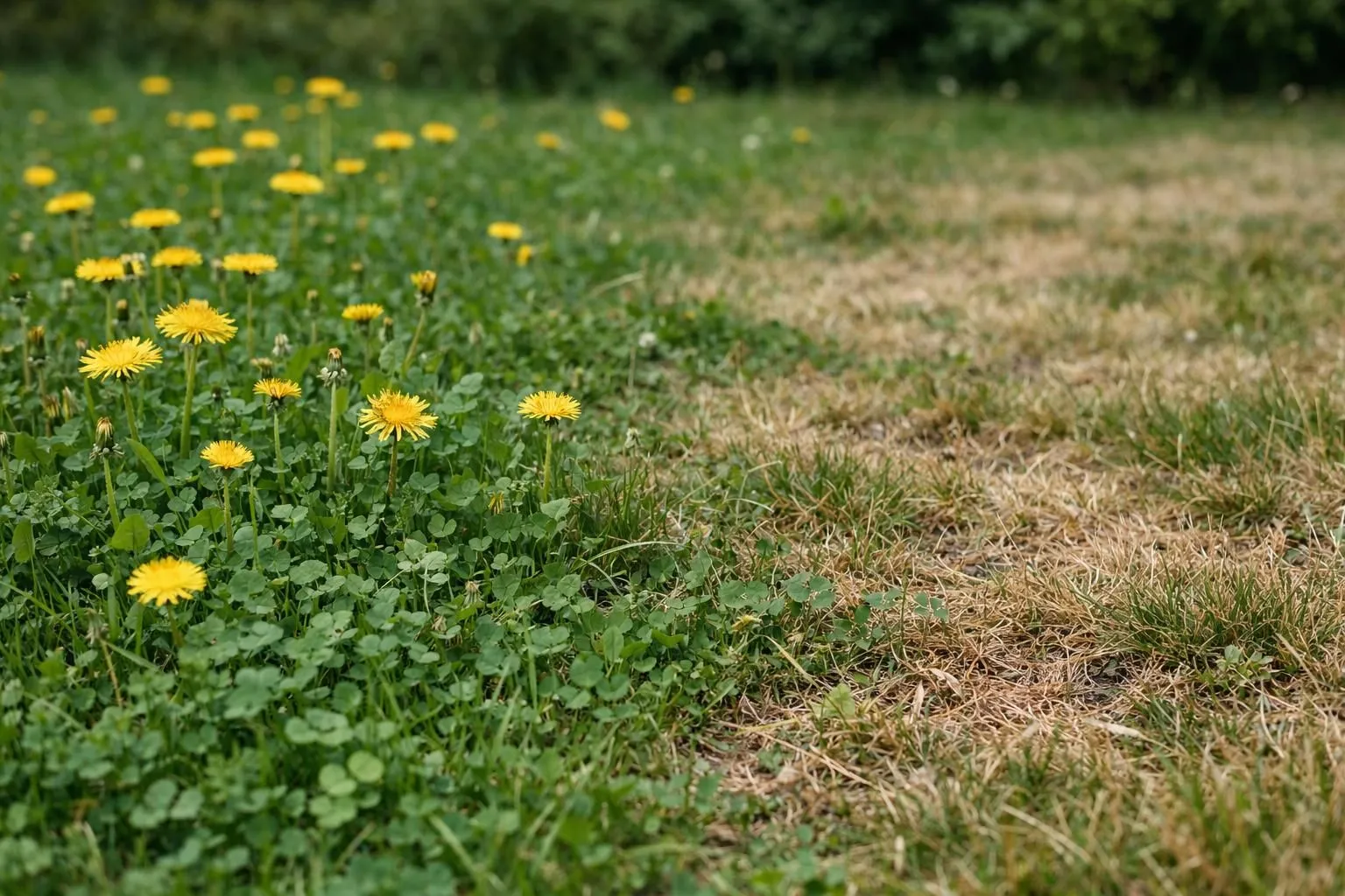 Close-up of a French lawn invaded by dandelions and clover, showing healthy weeds mixed with sparse dying grass, natural daylight, realistic garden photography, detailed textures of leaves and soil, shallow depth of field, educational yet elegant aesthetic for premium gardening brand