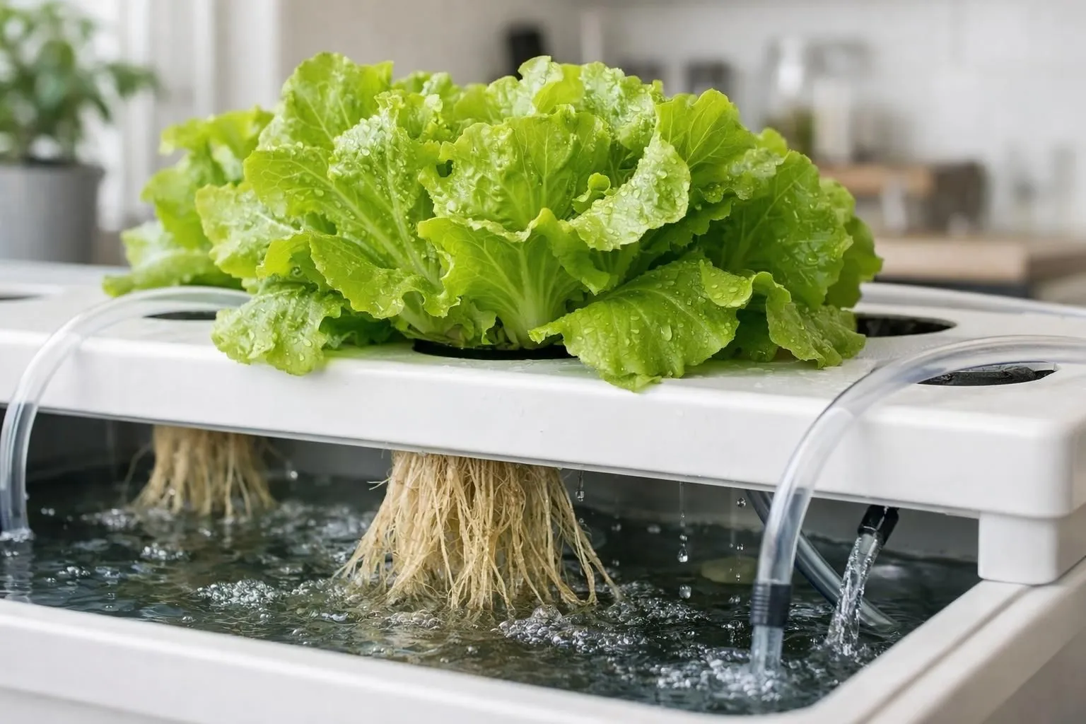 Close-up of vibrant green lettuce growing in a modern hydroponic system with exposed roots suspended in nutrient-rich water solution, transparent tubes visible, natural light filtering through, clean indoor environment, realistic photography style, professional depth of field, high detail on plant textures and water droplets, modern urban gardening aesthetic, France home setting