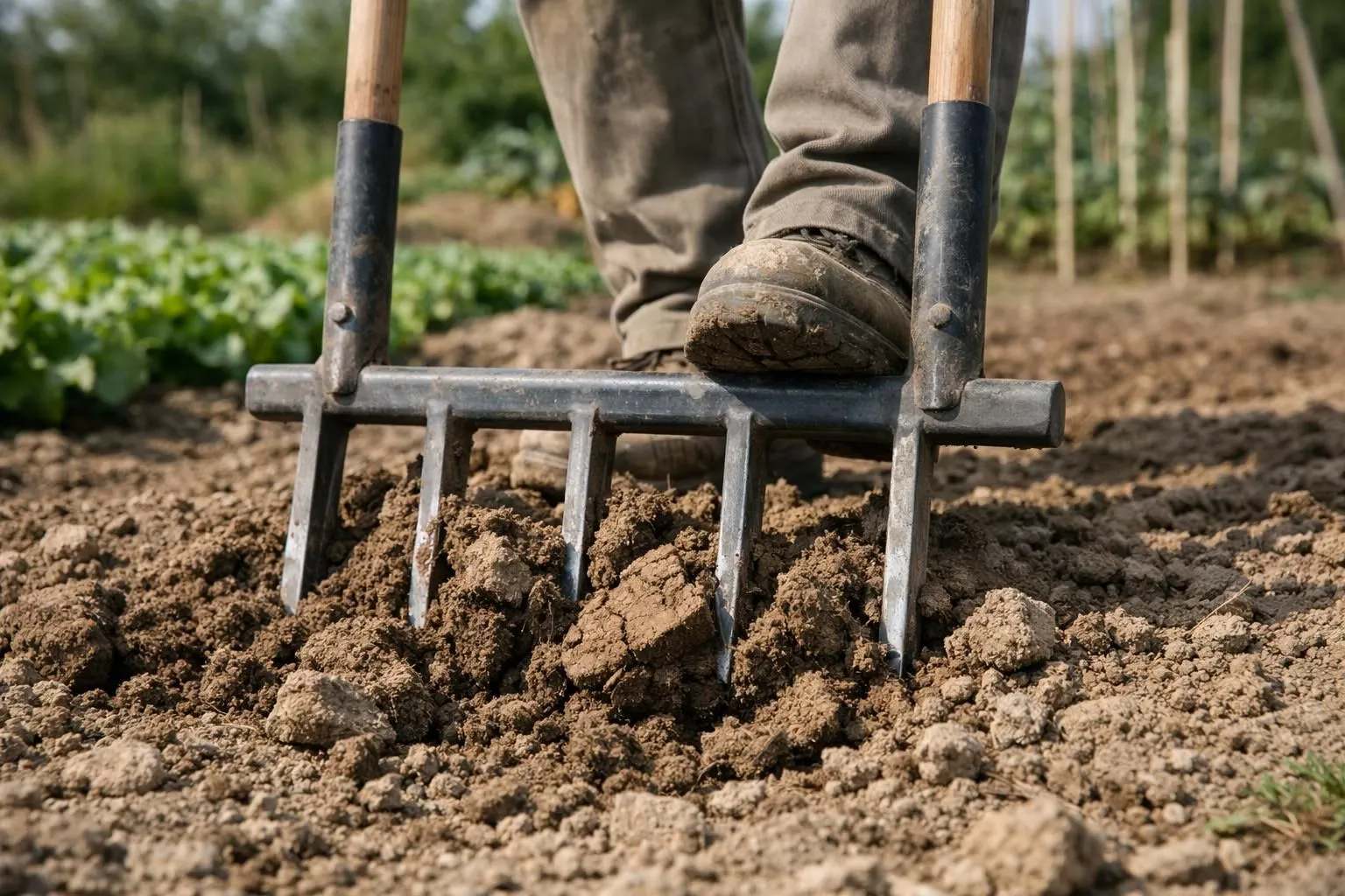 Jardinier français utilisant une grelinette dans un potager avec sol argileux compact, gros plan sur les dents de l