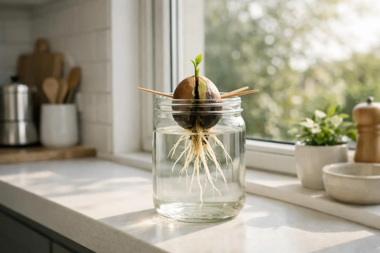 Avocado pit suspended over clear glass jar with toothpicks, healthy white roots growing in water, placed on bright windowsill, young green shoot emerging from top, natural morning sunlight, soft focus on background houseplants, realistic close-up photography, clean modern kitchen counter, warm inviting home atmosphere