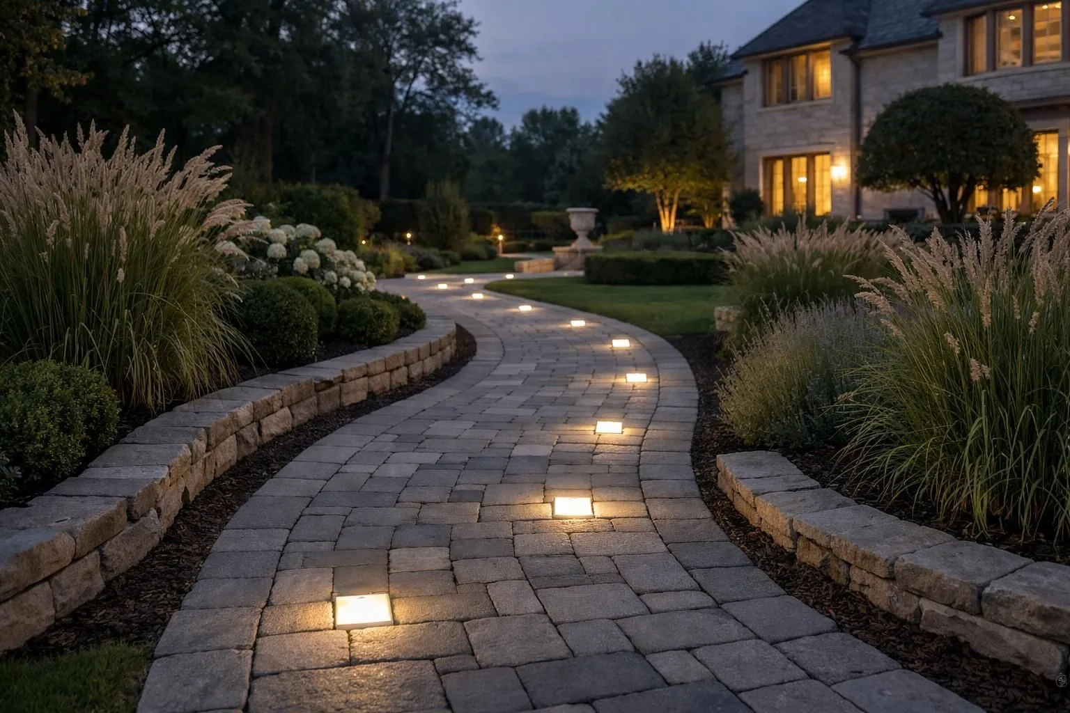 Modern French garden pathway at dusk with embedded luminous pavers glowing softly in warm white light, creating an elegant guiding path through well-maintained landscaping. Premium residential outdoor setting with ornamental grasses and stone borders, realistic photography, natural twilight ambiance, high-end garden design, no text or watermarks