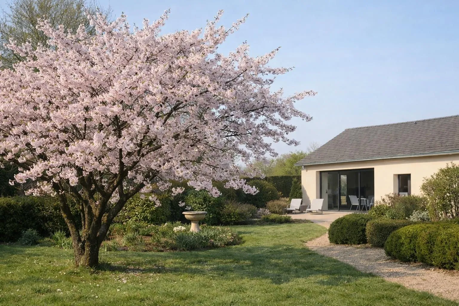 Ornamental cherry tree in full bloom with delicate pink flowers covering branches in a well-maintained French garden, early spring morning light, shallow depth of field focusing on flower clusters, realistic photography, natural colors, professional garden setting with modern French house in soft background blur, no text, no watermark