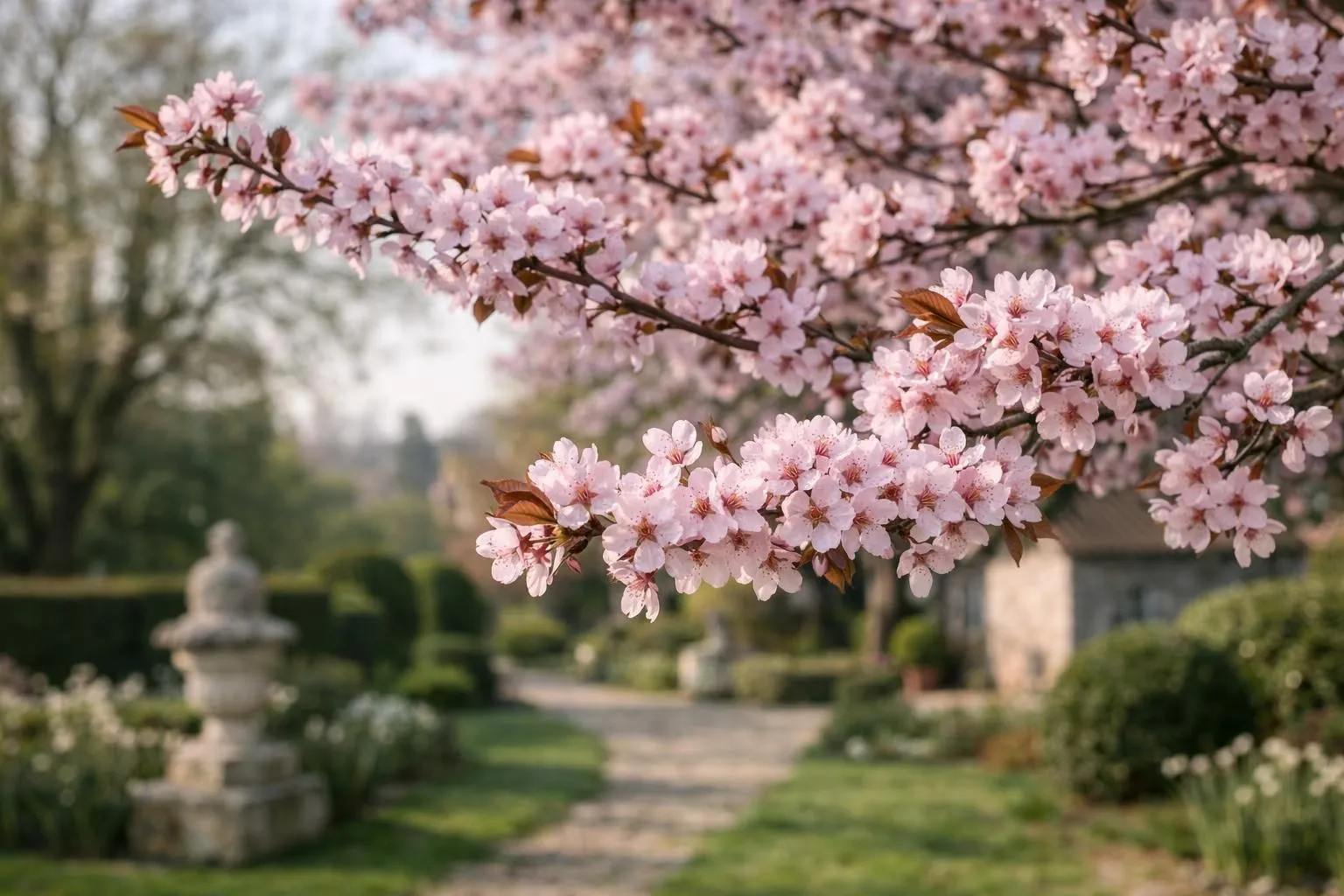Close-up of a blooming prunus tree with abundant pink flowers in a well-maintained French garden, soft morning sunlight filtering through delicate blossoms, shallow depth of field focusing on flower clusters, natural bokeh background with garden path visible, realistic photography style, ultra-detailed flower petals, spring atmosphere, high-end lifestyle aesthetic, warm natural colors, professional horticulture quality