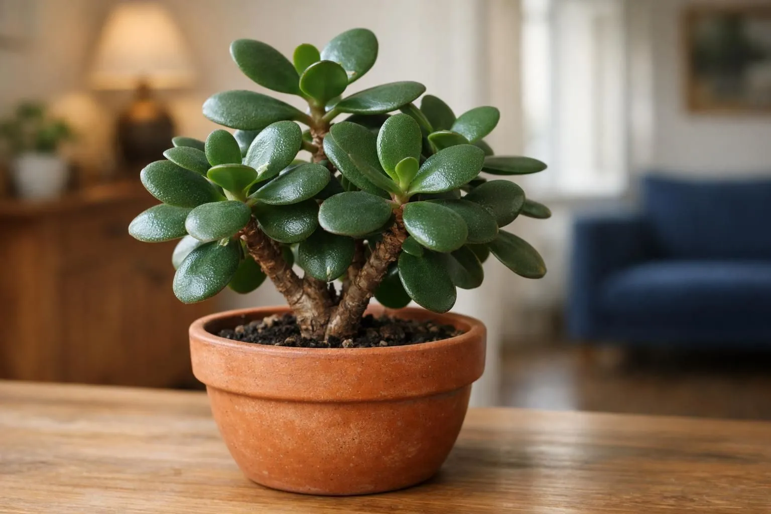 Close-up of a mature Crassula ovata (jade plant) in terracotta pot on wooden surface, showcasing thick glossy green oval leaves and brownish woody stem, natural window light creating soft shadows, French home interior background slightly blurred, realistic photography, warm tones, high detail on leaf texture