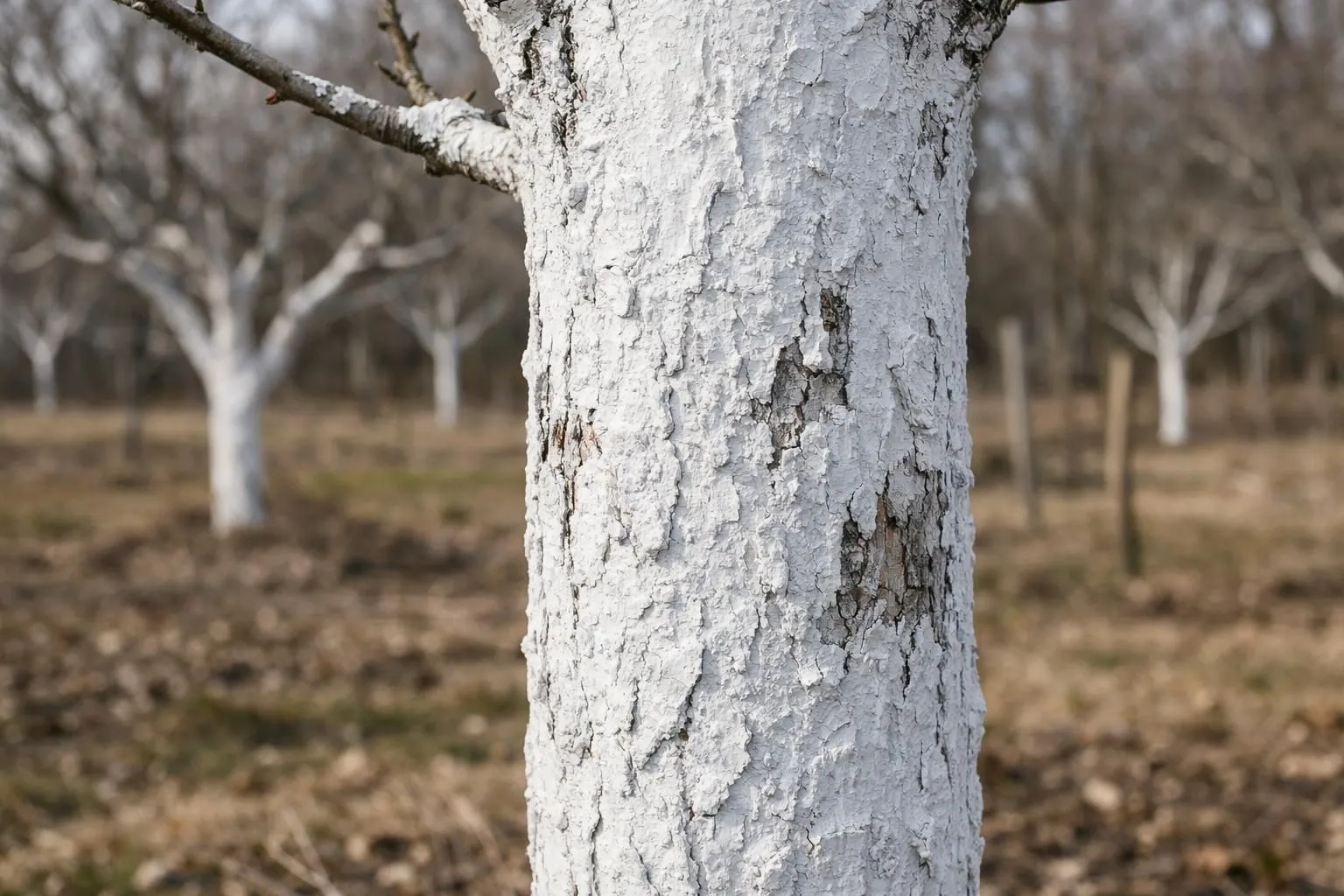Close-up of a fruit tree trunk covered with white lime coating (chaulage) in a French orchard, showing the protective layer on bark, natural winter sunlight, realistic photography, detailed bark texture, professional gardening care, authentic French agricultural practice, no text.