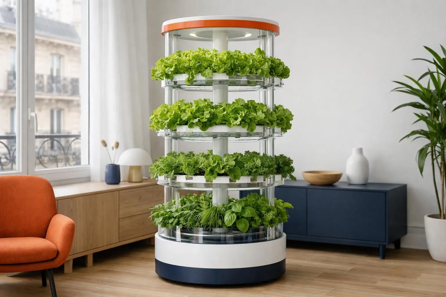 Modern indoor hydroponic tower garden in a bright French apartment, multiple tiers of lush green lettuce and herbs growing in vertical NFT system, transparent tubes showing nutrient solution flow, natural sunlight from large window, contemporary minimalist interior, professional photography, realistic textures, clean and fresh atmosphere