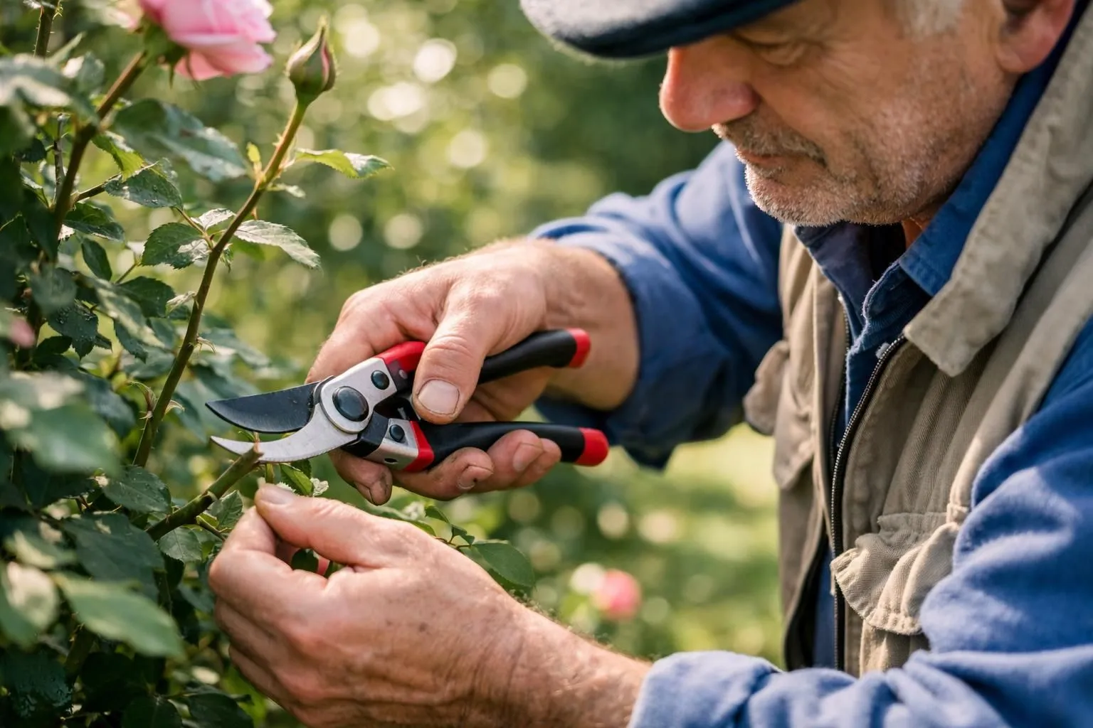 French gardener pruning rose bushes with professional secateurs in a sunny spring garden, close-up of hands cutting stems above outward-facing buds, morning light filtering through leaves, realistic photography, natural colors, detailed rose canes and fresh green foliage, professional garden maintenance scene in France, high-end gardening lifestyle aesthetic, shallow depth of field, authentic outdoor atmosphere. ABSOLUTELY NO TEXT, words, letters, numbers, signs, labels, logos, titles, or captions in the image.
